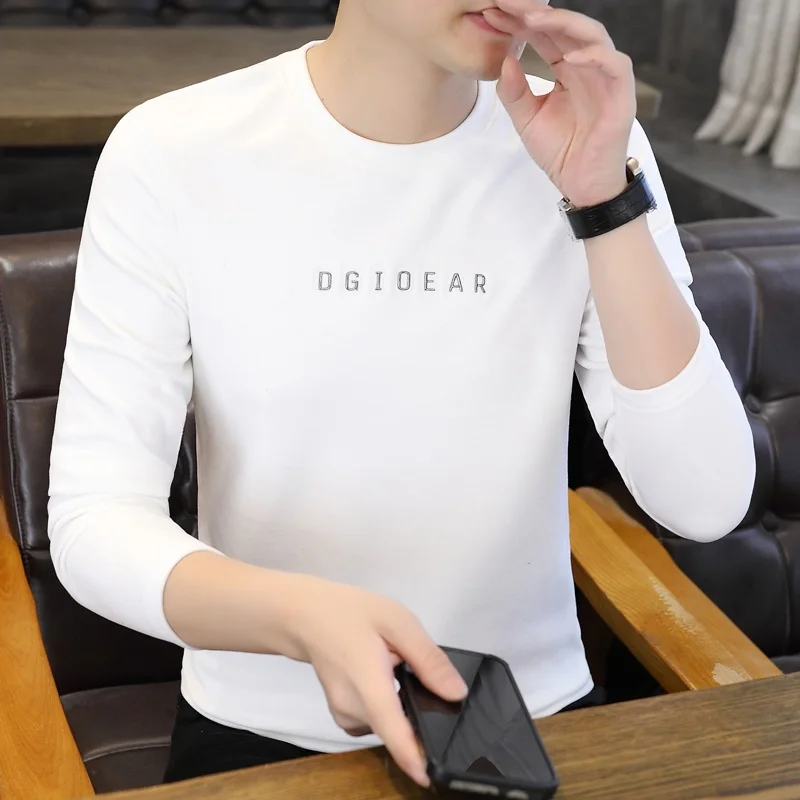 Camiseta de Manga Larga con Cuello Redondo para Hombre, Ropa Casual de Exterior, Camiseta Interior, Moda Primavera-Otoño, Estilo Urbano, Mezcla de Poliéster y Algodón