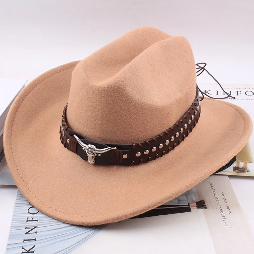 Unisex Rivet Western Cowboy Hat Soft Wide Brim Riding Hat Windproof Design Leather Strap Sun Hat Festive Occasions
