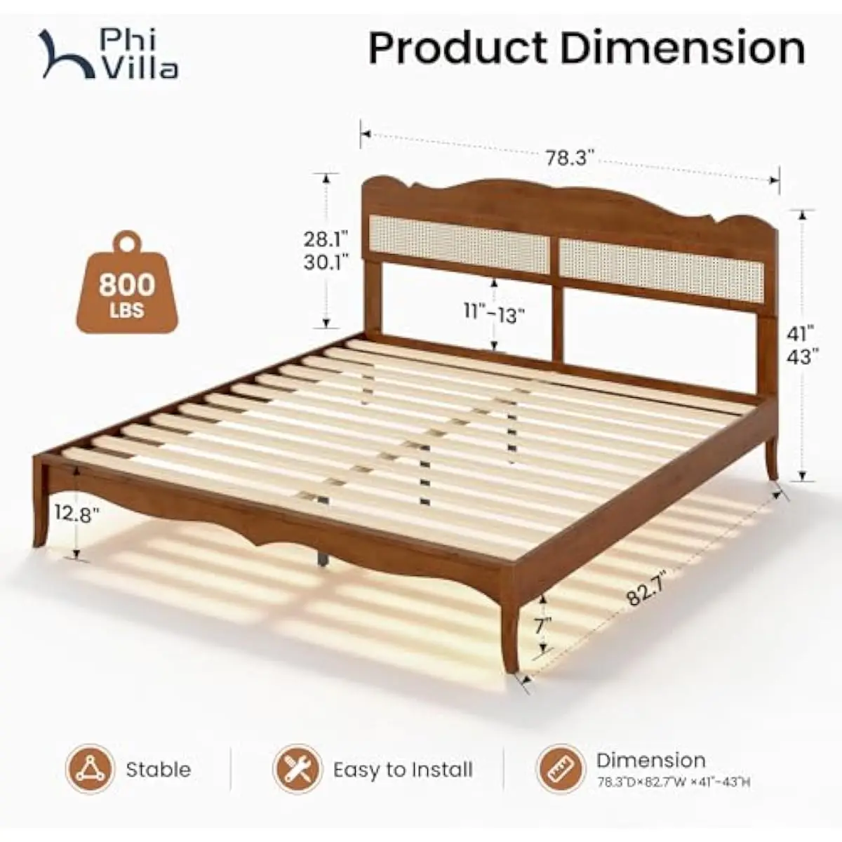 Mid-Century Modern King Bed Frame Built from Solid Rubberwood with Handwoven Rattan Headboard Adjustable Between 8 and 14 Inches