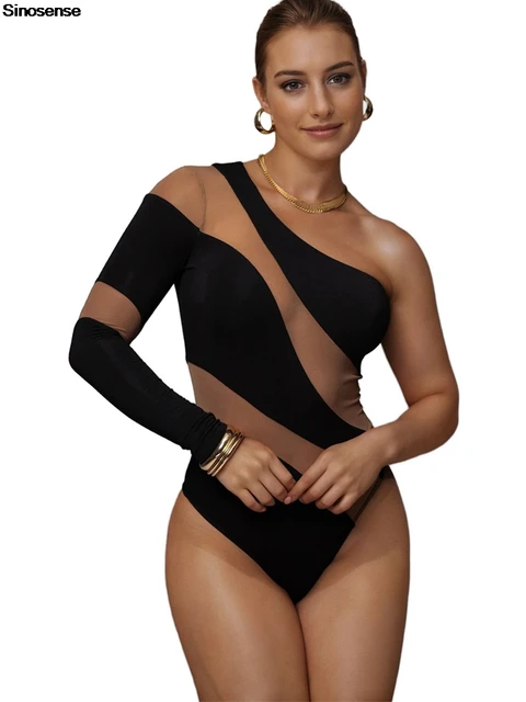 Body damskie na jedno ramię z długim rękawem Sheer Mesh Slim Skinny Body Suits Y2K Going Out Night Club Party Leotard Tops XXL