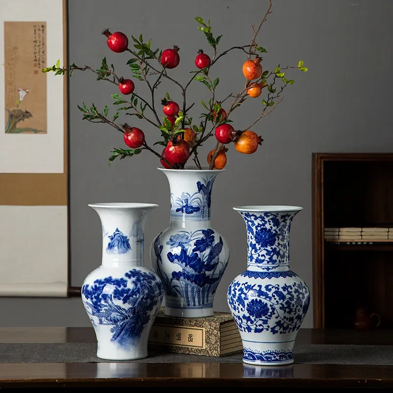 Jingdezhen Ceramic Antique Blue and White Porcelain Vase for Living Room Entrance Desktop Flower Arrangement High End
