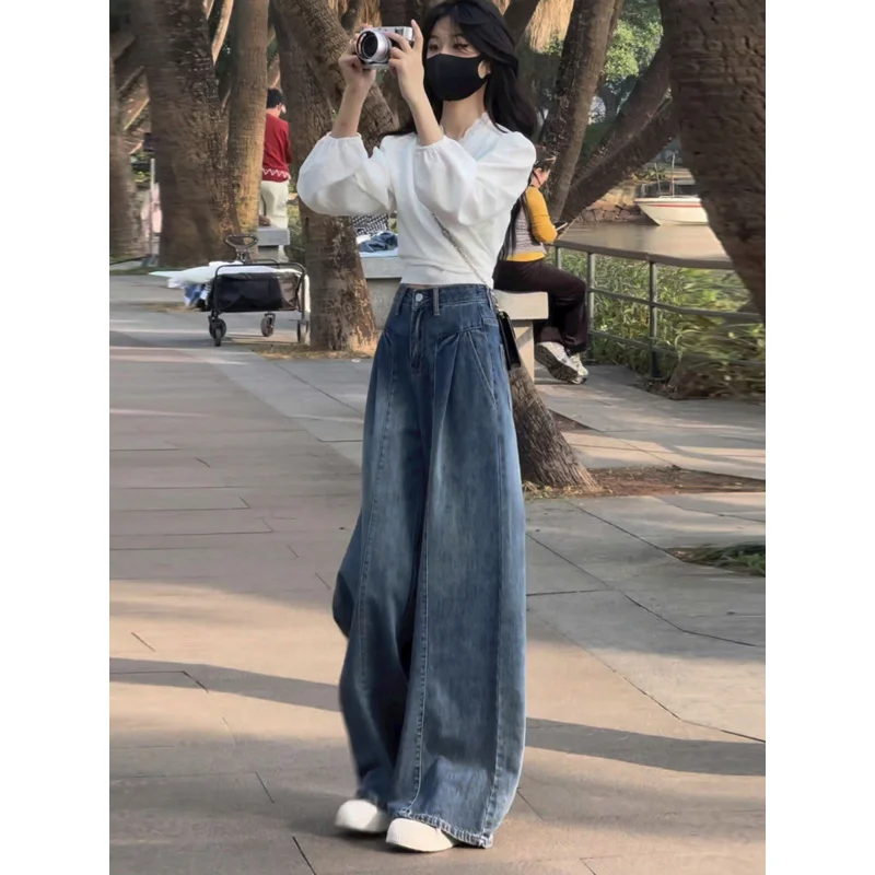 여성용 하이웨이스트 와이드 레그 진 미국 레트로 2025 신상 트렌디 플러스 사이즈 루즈 슬림 캐주얼 스트레이트 플레어 팬츠
