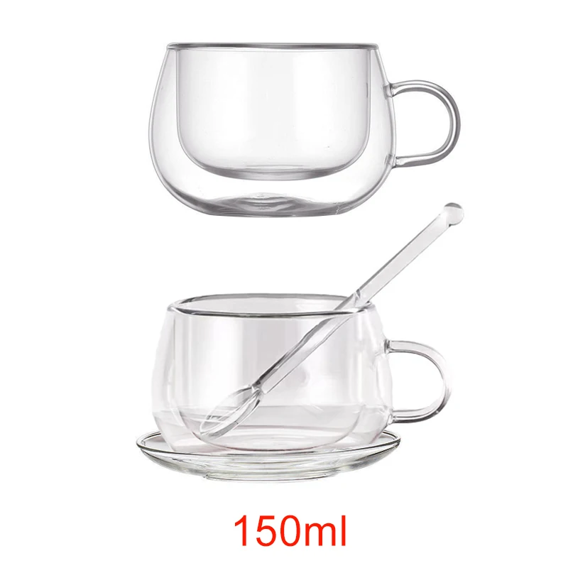 150/300ml Double Wall Glass Coffee Cup with Saucers and Spoon Heat  Resistant Espresso Cups With Handle Mug Drinkware Milk Teacup - AliExpress  15