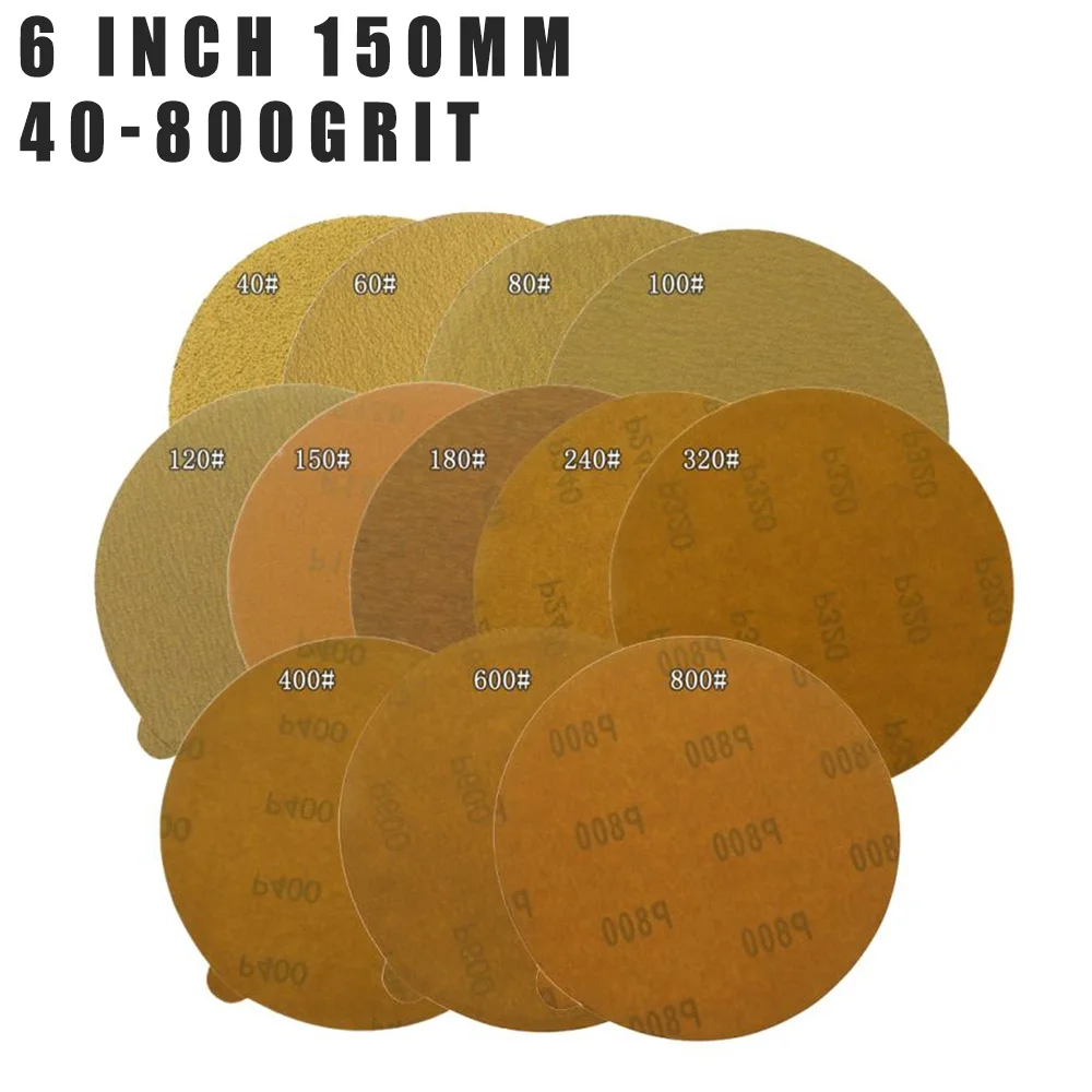 

6" Inch 150mm Back Glue Sticker Sandpaper Dry Abrasive Yellow Sanding Disc For Wood Metal Car 40 60 80 100 120 150 180-800 Grit