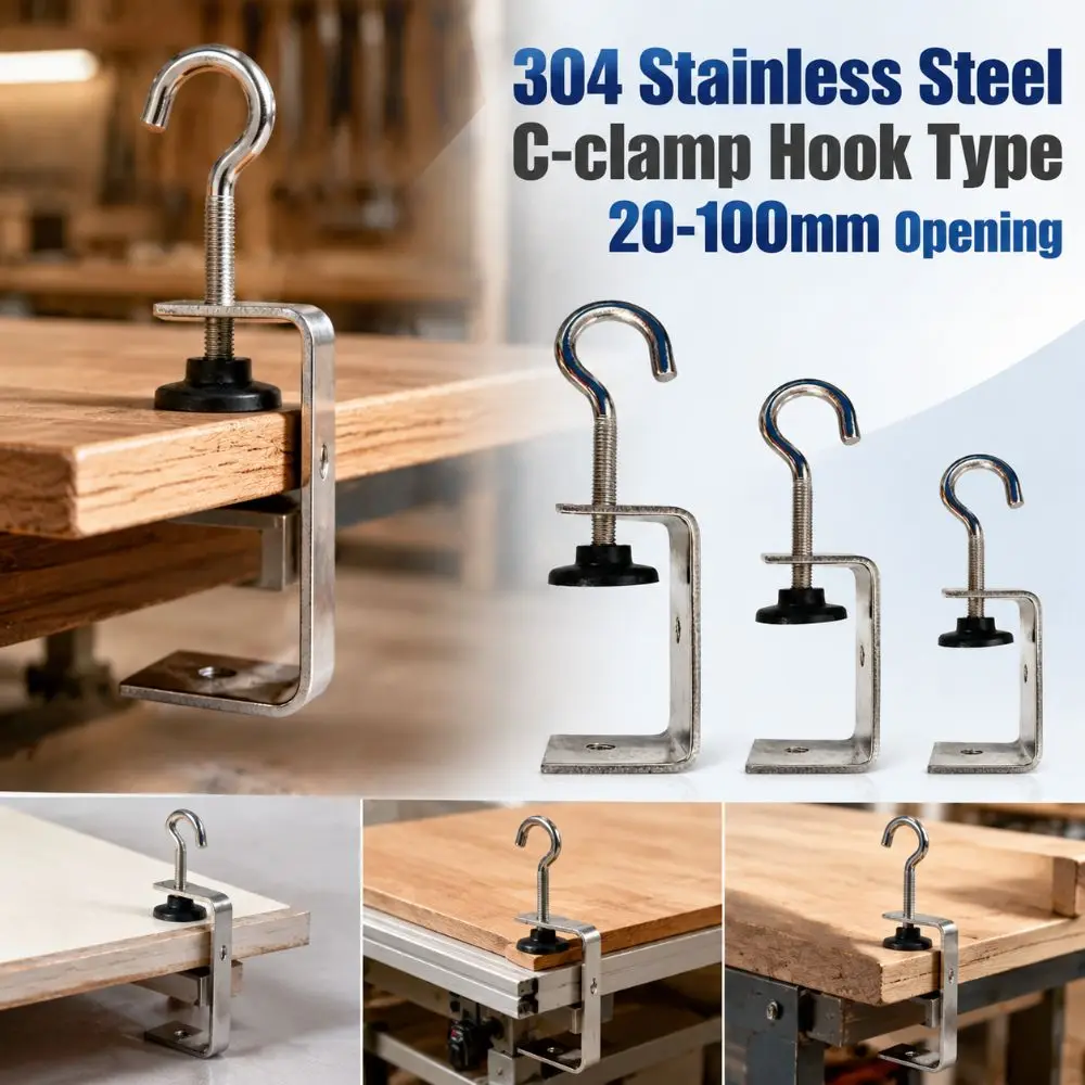 304 Stainless Steel C-clamp Adjustable 20-100mm Opening Square Clamp Sturdy Hook Type Fixed Holder Clip Hardware Fasteners