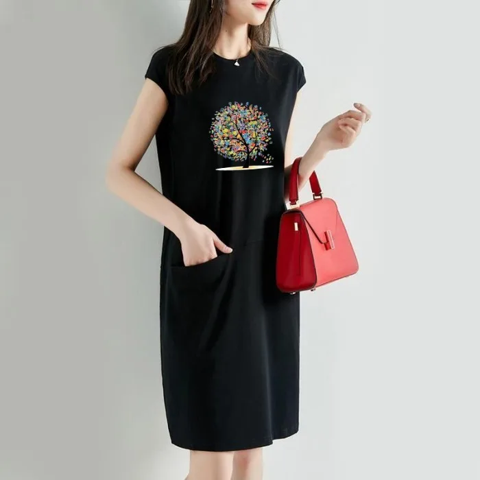 Women's Summer Casual Fashion Round Neck Dress Loose A-Line Printed Office Lady New Arrival Trendy Comfortable
