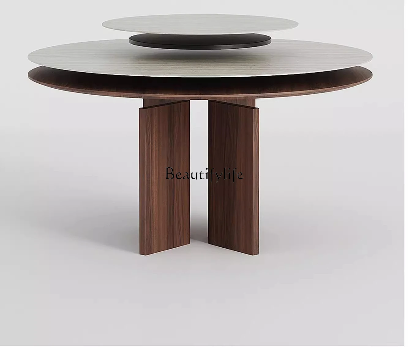 

Medieval natural travertine rock slab dining table household small apartment walnut solid wood round dining table