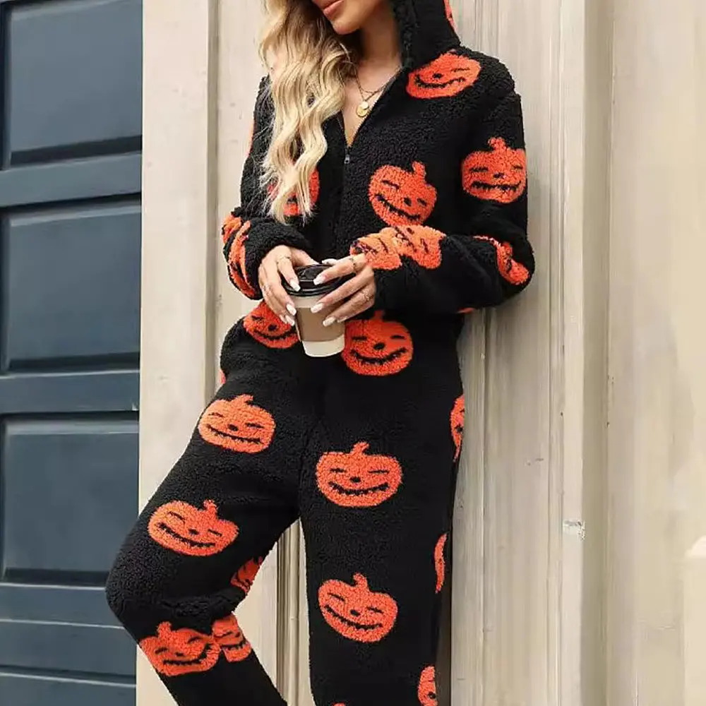 Women's Velvet Jumpsuit Halloween Pumpkin Printed Zipper Loose Plush Autumn Winter European American Style Fashion