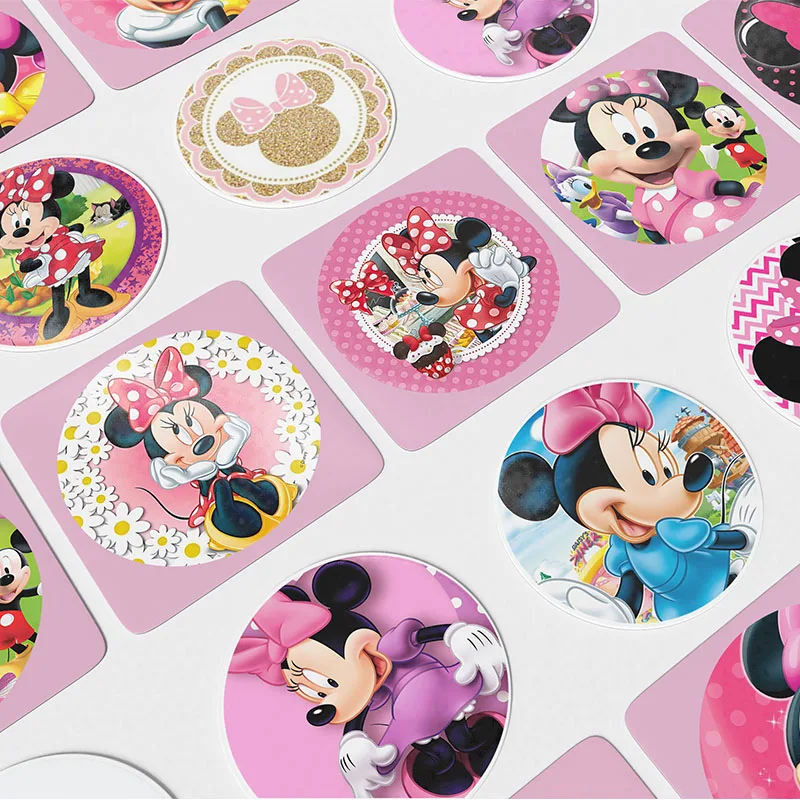 Disney Minnie Sticker Pink Paper Label Sticker for Birthday Party Baking Packaging Handmade Decor Stationery Supplies Kids Gifts