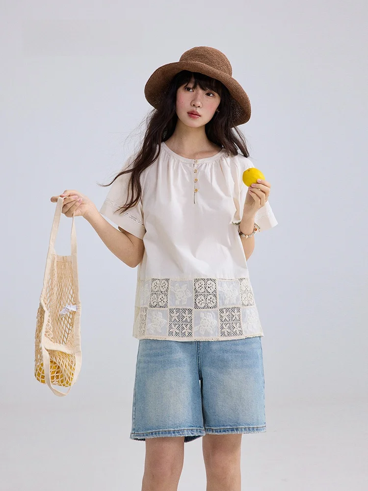 

Botanique Plant Science nut Cr andmother's Patchwork 00% Cotton Small irt French Sle round Ne Loose Fit Summe...