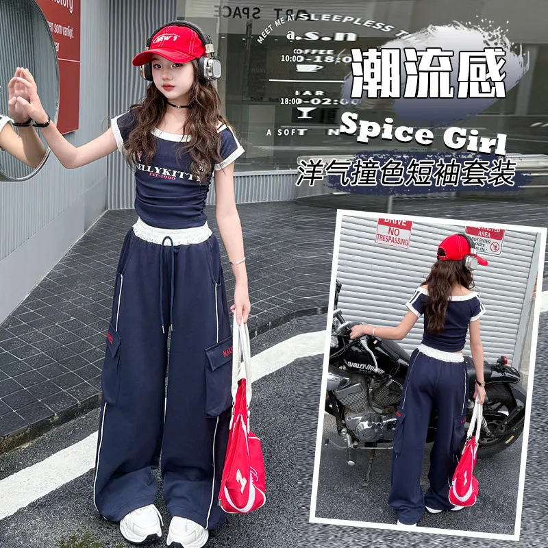 

summer teen girls casual wide leg pants American style short t-shirt Cargo pants junior kids outfits 4-7-13 14+ child clothes
