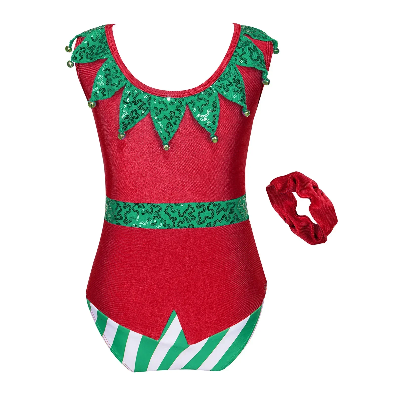 

Christmas Elf Costume Xmas Dance Gymnastics Leotard Unitard Bodysuit Sequin Stripes Carnival Santa Cosplay Costume