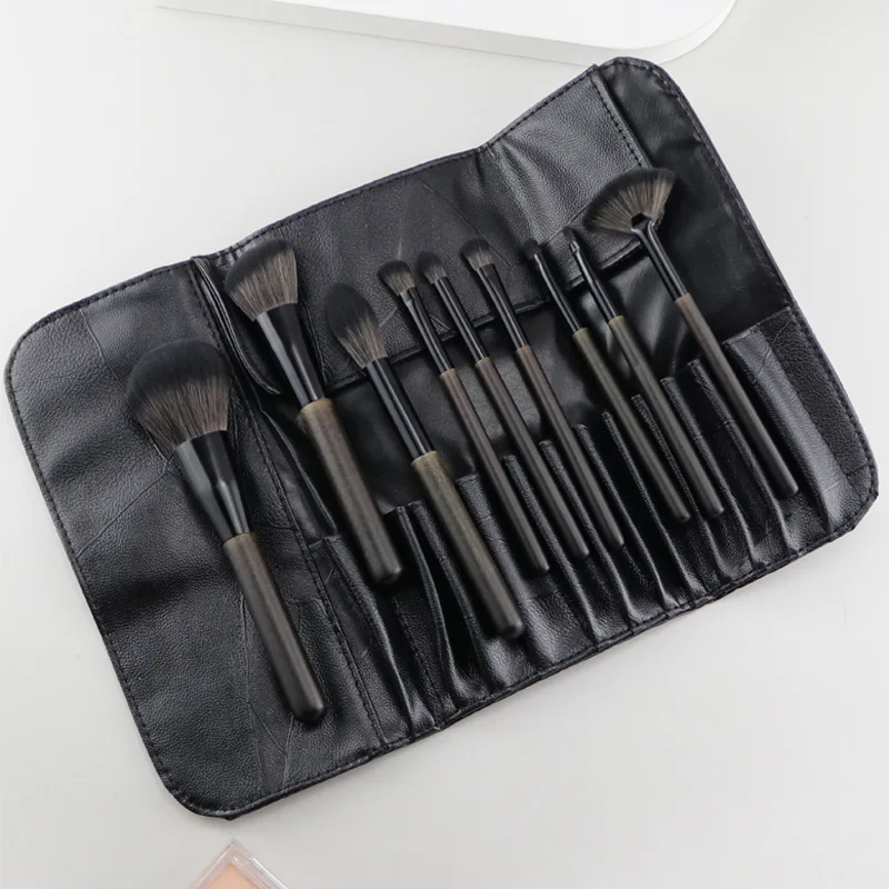 9pcs Wooden Handle Cosmetic Brush Set with Aluminum Ferrules - Soft Bristled Powder, Contour, Eyeshadow & Highlight Brushes