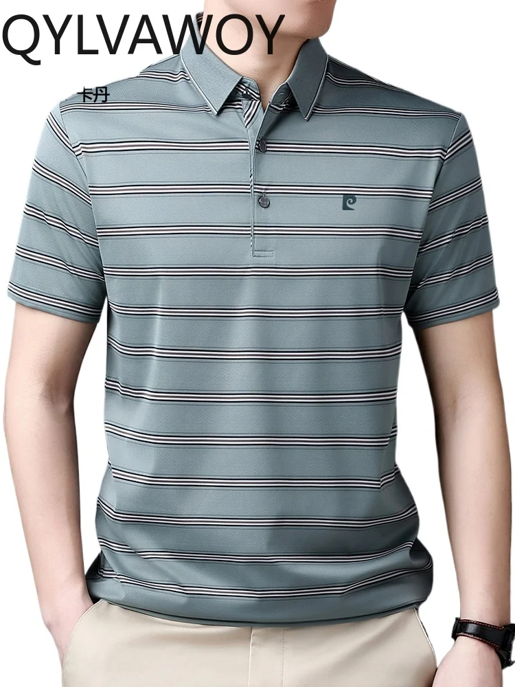 

QYLVAWOY 100% Mulberry Silk Men's Summer Lightweight Polo Shirt Short Sleeve High-End Lapel Striped T-Shirt Dad's Outfit LJ2504