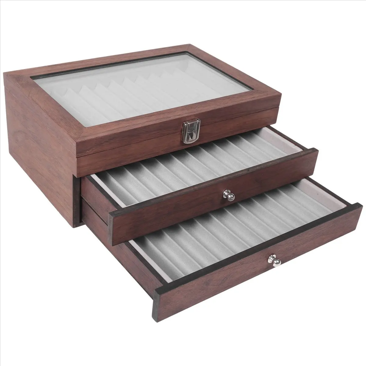34 Grid Walnut Pen Storage Case Luxury 3 Layer Pen Display Organizer Transparent Window Fountain Box Pen-Collection-A09G