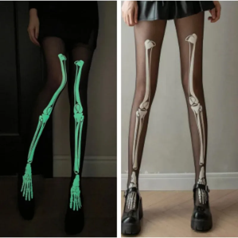 Glow in The Dark Halloween Tights for Women Luminous Printed Pantyhose - Fluorescent Velvet Party & Cosplay Stockings