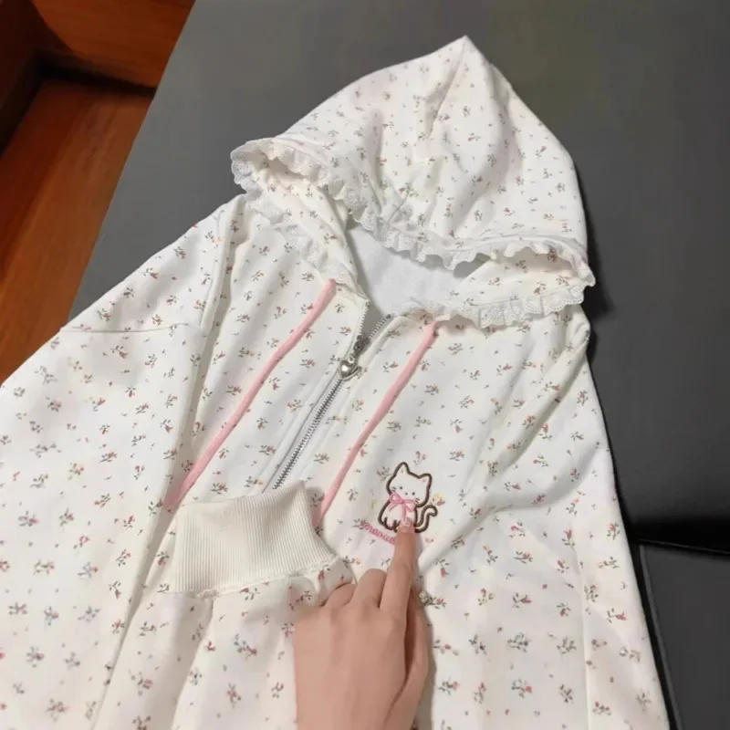 Cat Y2K Floral Hoodie Jacket Harajuku Korean Kawaii Hooded Coat Zipper Jacket Women Cardigan Loose Long Sleeve Thin Top Tee New