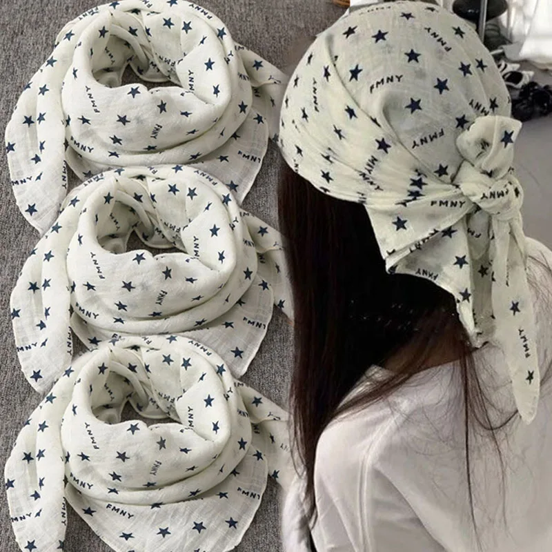 

Льняной шарф для волос со звездным принтом, женский летний Y2K крутой квадратный платок, многофункциональный аксессуар для волос, модная корейская повязка для волос