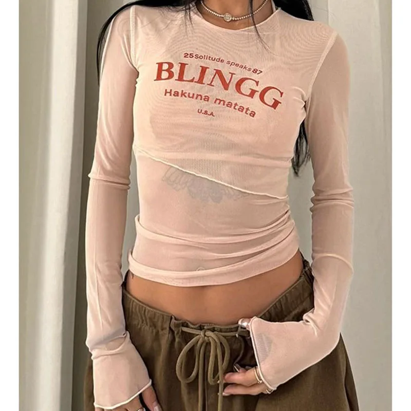 

Женская сетчатая футболка с длинными рукавами и принтом в американском стиле ретро для девочек весна-лето, облегающий низ, топ