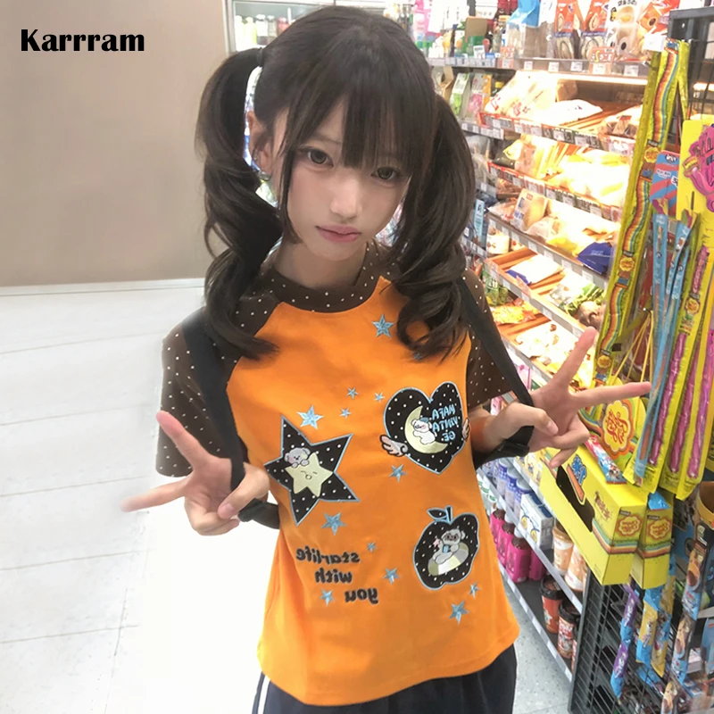 Karrram Japanese Y2k Cartoon Embroidered T-shirt 2000s Cutrecore Short Sleeve Tee Shirt Vintage Harajuku Patchwork Tops American
