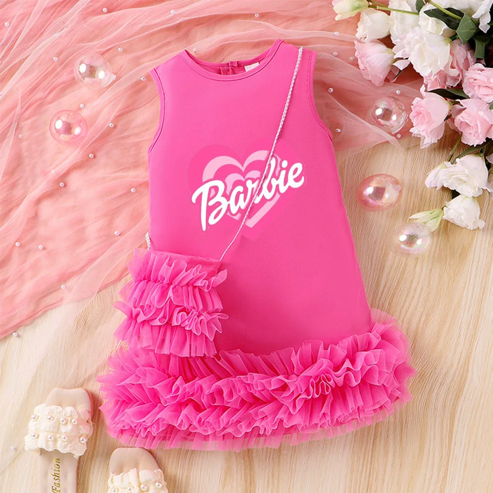 Anime Kawaii Barbie Kids Dresses for Girls Summer Hot Red Sleeveless Princess Cake Dress Children Party Dress with Shoulder Bag