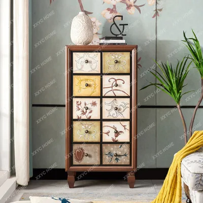 

olid wood chest storage chest of drawers bedroom five buckets storage retro painting