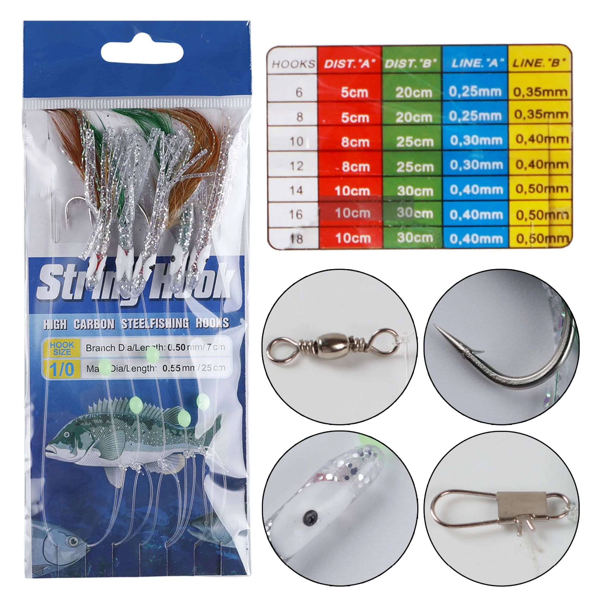 22pcs/Lot Fishing Rigs with Luminous Glow Bead Feather Fish Skin String Hooks Nylon Line Mixed Fishing Rig Baits for Freshwater