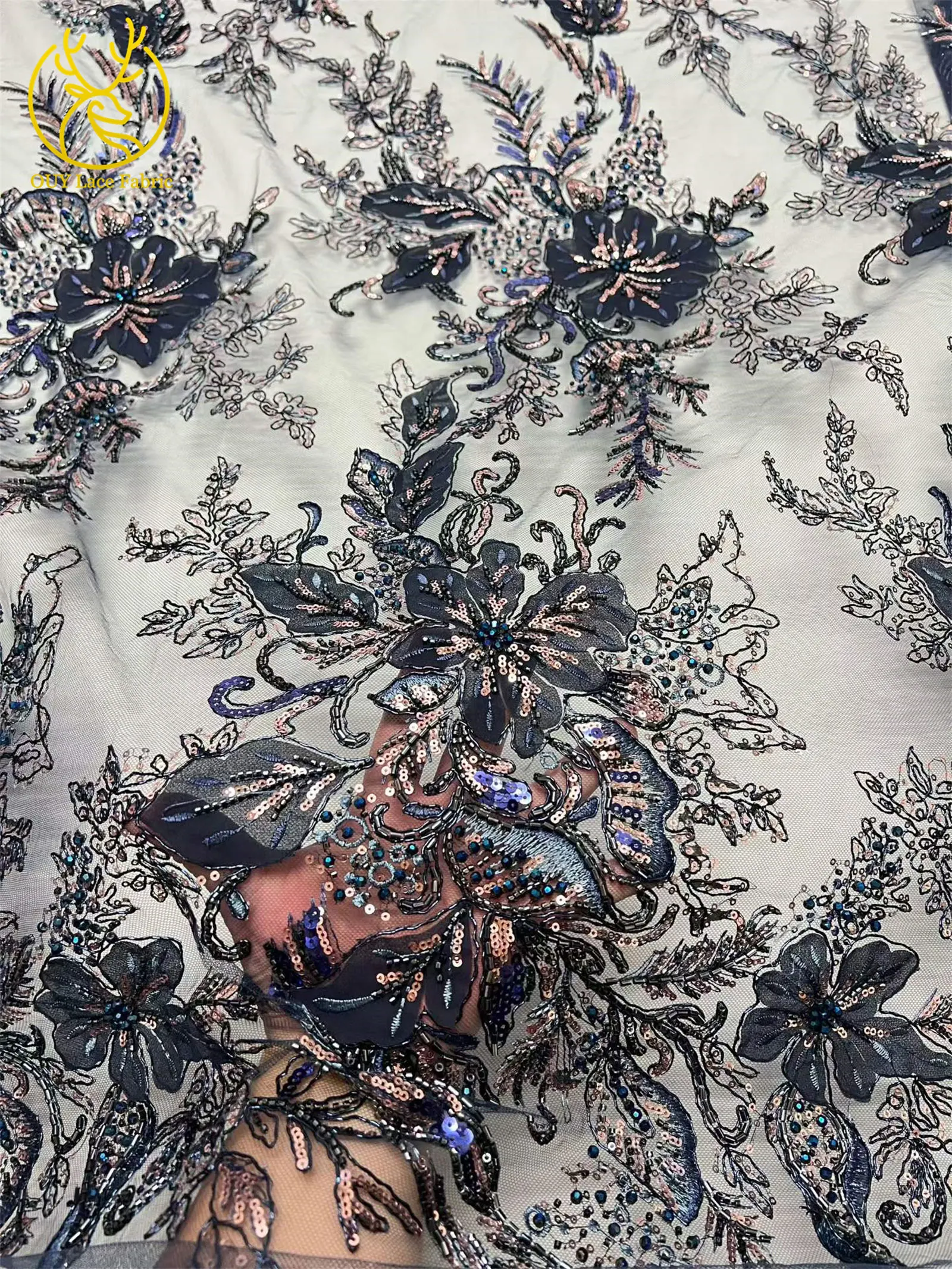 Neuester luxuriöser afrikanischer bestickter Spitzenstoff mit Perlen und Pailletten, 5 Yards französischer Tüll-Spitzenstoff für Party- und Hochzeitskleider zum Nähen. – Detail 6