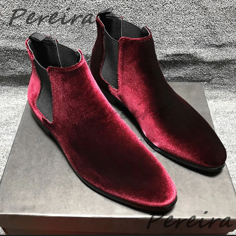 Men Velvet Wine Red Chelsea Boots Trendy Pointed Toe Slip-On Cowhide Ankle Boots Spring Autumn New Party Banquet Dress Shoes