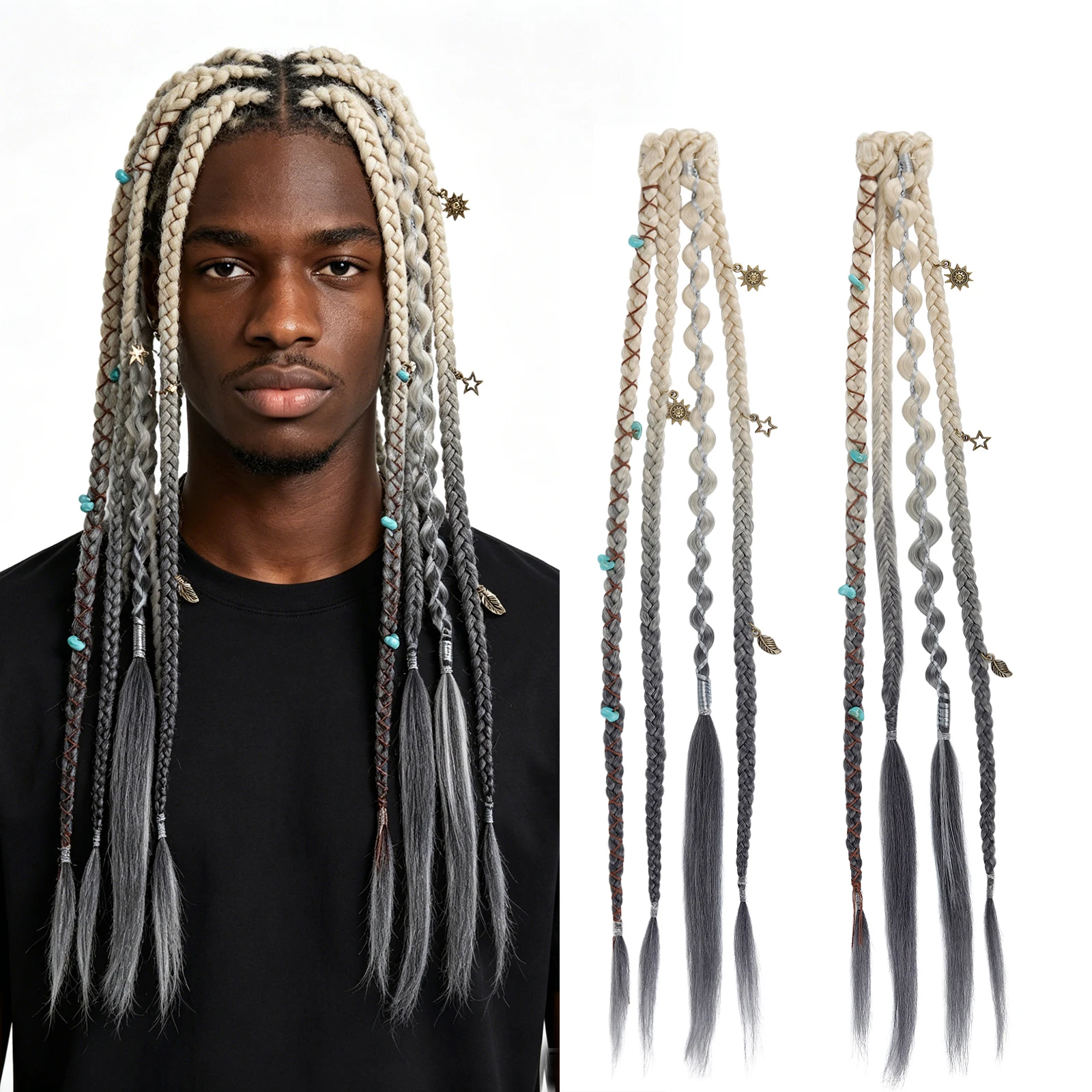 

2pcs Bohemian Clip In Box Braids Hair Pieces 16-20Inch Star Beaded Braided Tassel Hair for Rave Halloween Cosplay