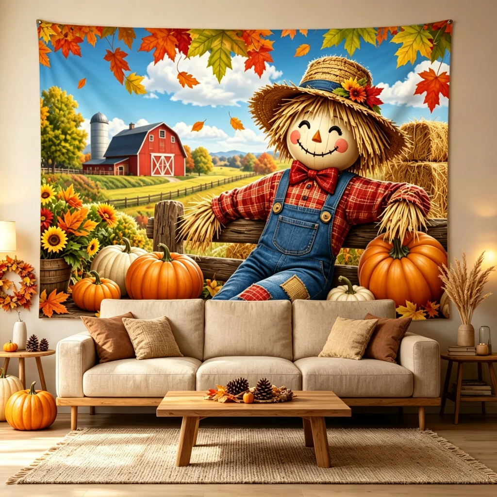 1PC Thanksgiving Fall Scarecrow Pumpkin Farm Red Barn Print Backdrop Banner, Bedroom Photo Background, Polyester, Home Decor