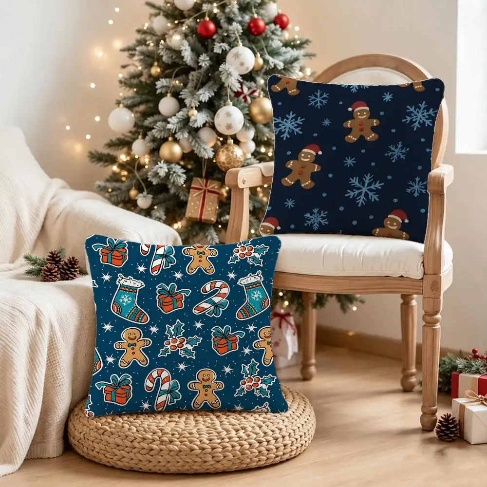 Cute Graphic Christmas Gingerbread Man Cushion Cover Short Plush Pillowcase, Sofa Bedroom Home Decor, Ideal Holiday Gift