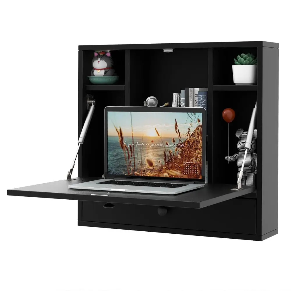 

Wall Mounted Desk, Folding Floating Wall Mount Laptop Desk, Space Saving Wall Mounted Table with Storage Drawer amp Shelves Blac