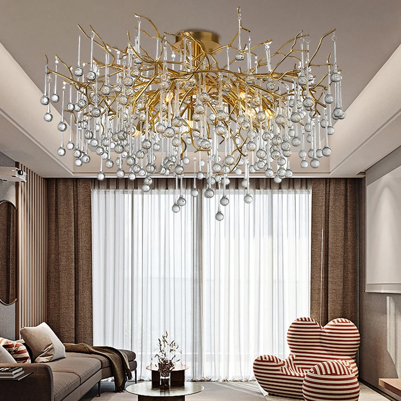 Luxury Modern Crystal Ceiling Bedroom Chandelier Round Glass Cristal Gold Tree Branch Ceiling Chandeliers For Living Dining Room