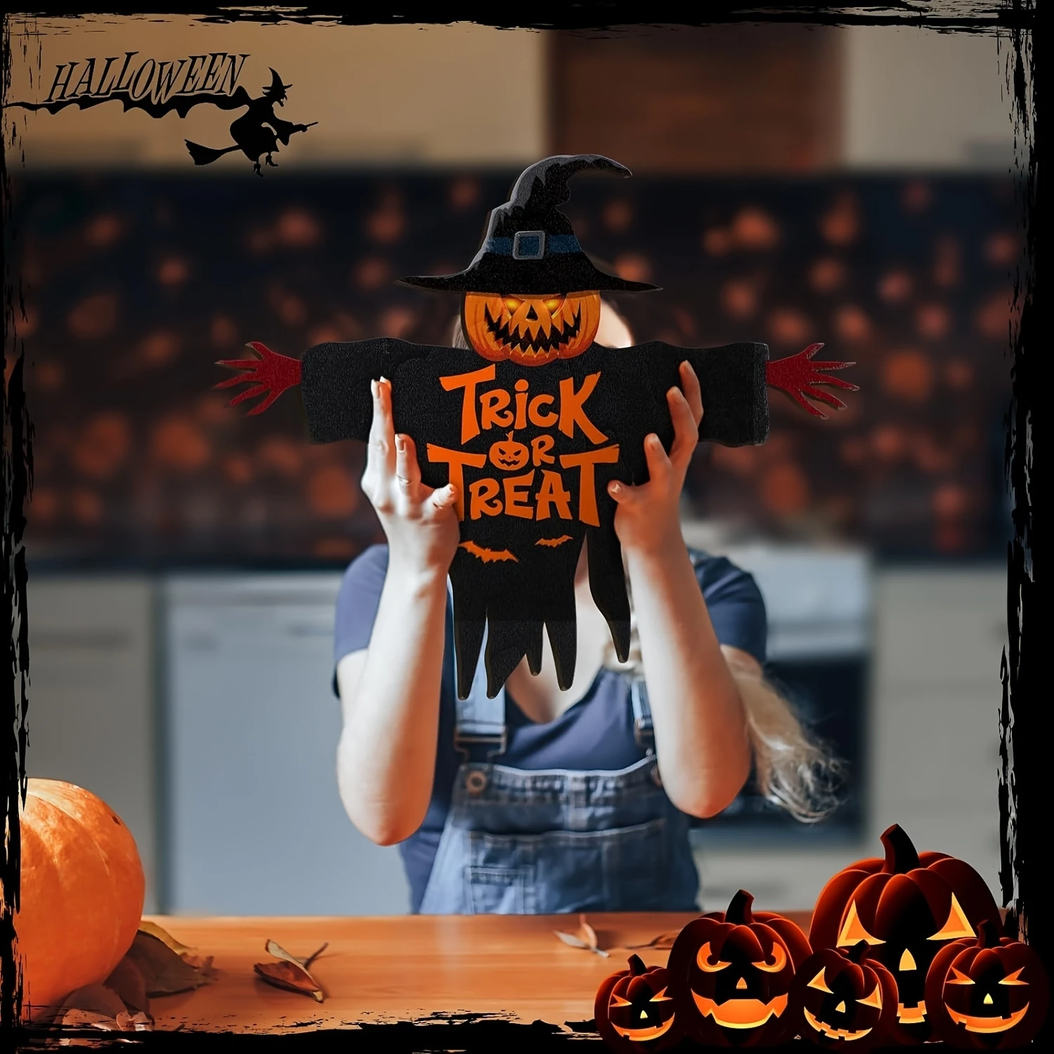 2DHalloween خدعة أو علاج علامة خشبية الوحش الوجه اليقطين تصميم حبل شماعات الشرفة جدار هالوين حديقة حفلة زينة عيد الميلاد