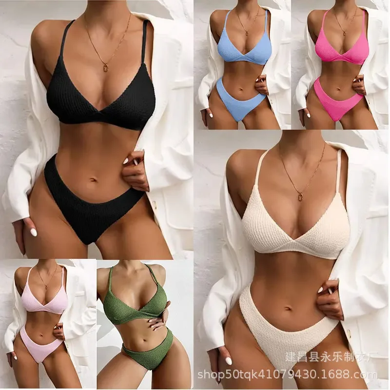 2026 women's swimsuit flat-angle swimsuit women's split swimsuit pit strip solid color bikini quick-drying