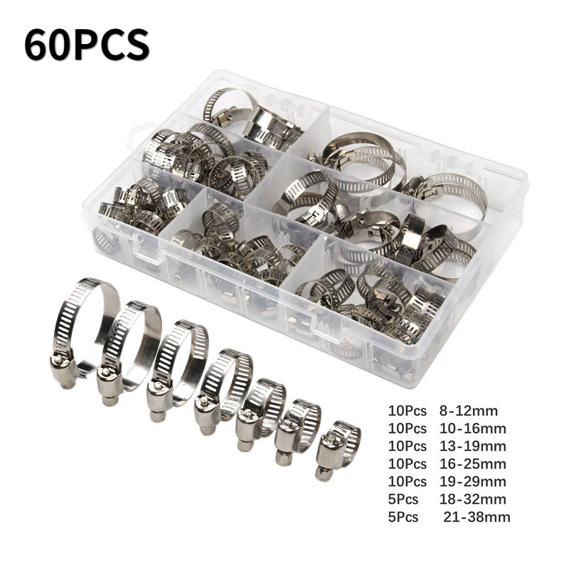 

60Pcs 8mm-38mm Pipe Hose Clamps Stainless Steel Hoop Clamp Automotive Car Fuel Pipe Tube Clip Hardware Spring Water Plumbing