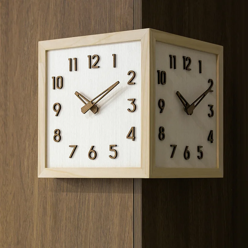 Solid Wood Double Sided Wall Clock for Corner Mount Mid Century Modern Design Silent Quartz Movement Living Room Hallway Decor