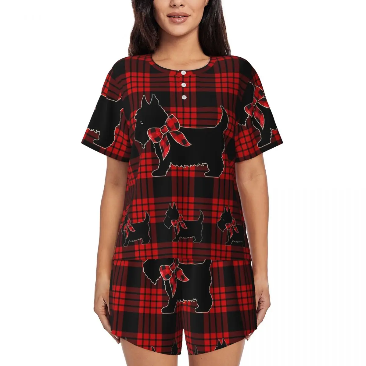 

Черные пижамы с короткими рукавами и круглым вырезом в клетку с изображением шотландского терьера для женщин, пижамный комплект с короткими штанами