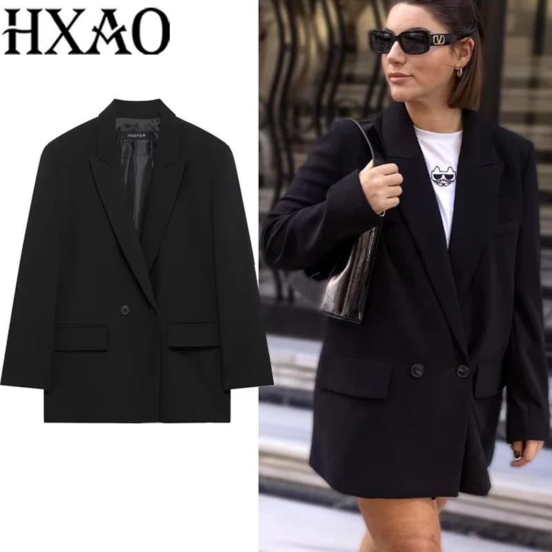 HXAO Women's Black Blazer New In Jackets Office Casual Long Blazer Woman Spring 2025 Long Sleeve Oversized Solid Blazer 088
