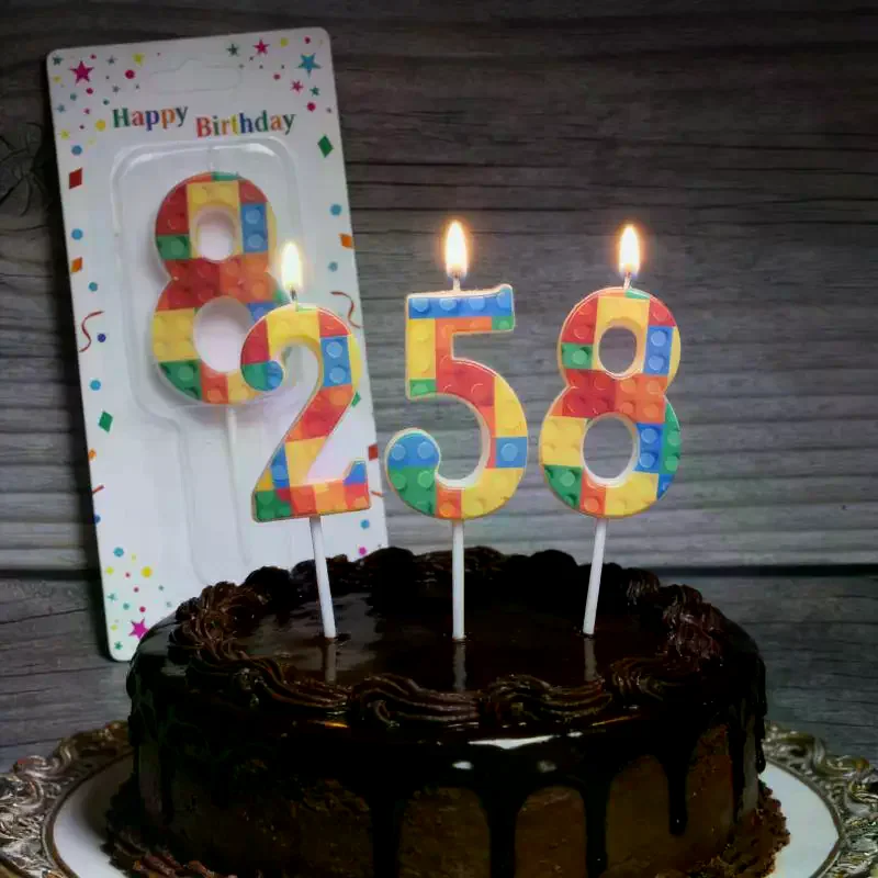 New Building Blocks Numbers 0-9 Birthday Candles Cartoon Theme Cake Decoration 1 PC Colored Building Block Shaped Digital Candle