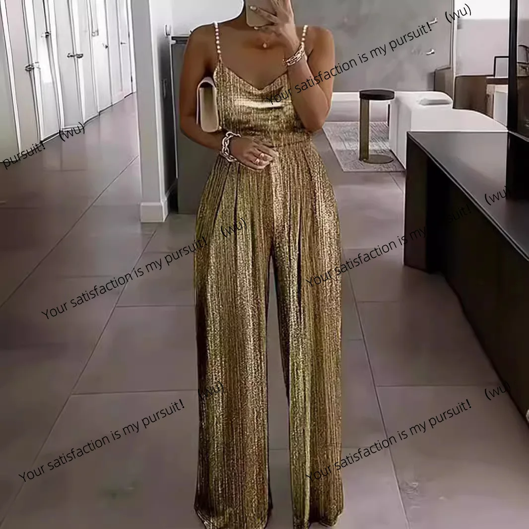 Pakaian wanita baru musim semi dan musim panas, celana lebar, gaun berpinggang, jumpsuit elegan dengan tali dan manik-manik