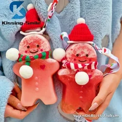 10Pcs Kawaii Water Bottle Bpa Free Portable Snowman Christmas Decor Gingerbread Man Cup Juice Milktea Drink Kettle Party Gift