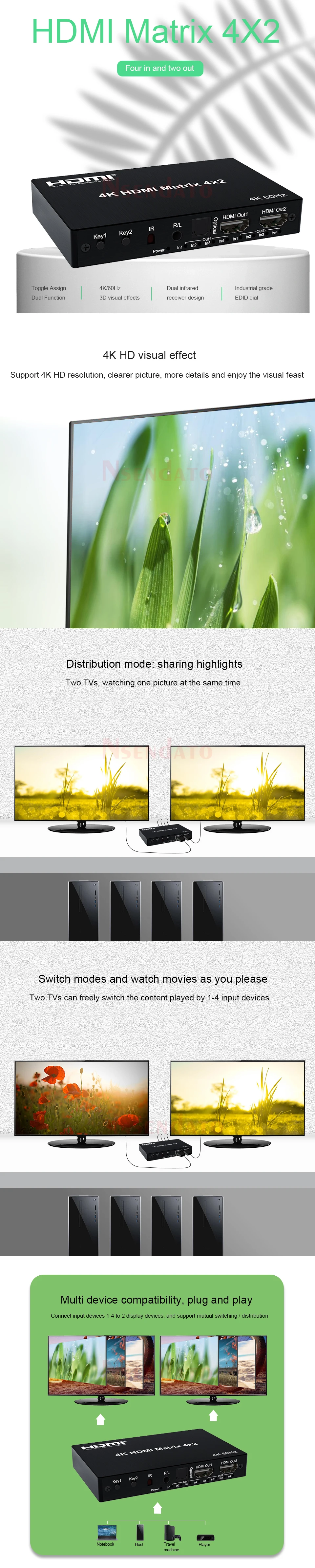 4K 60Hz HDMI True Matrix 4x2 4-in-2-out HDMI-Matrix-Switch-Splitter-Konverter mit EDID optisch für PC, PS4 zu TV/Monitor – Detail 3