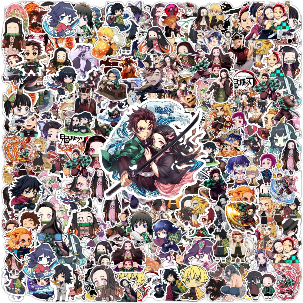 100/200 Uds Anime Demon Slayer pegatinas de grafiti de dibujos animados teléfono guitarra portátil maleta taza pegatina impermeable juguete para niños