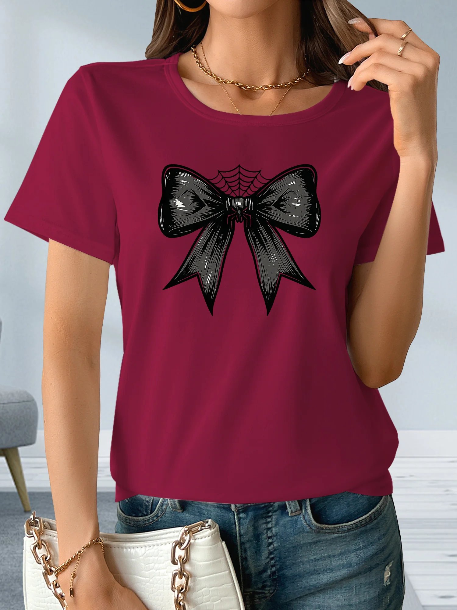 Women'S Spider Bow Halloween T-Shirt - Burgundy Spider Graphic Tee, Soft Stretchy Fabric for Halloween Party Outfits