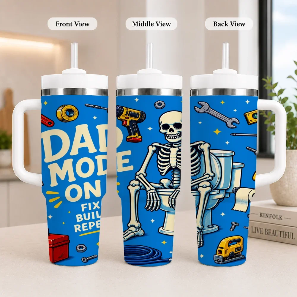 Dad Mode Skeleton Tools Vacuum Flasks 40oz Leakproof Steel Tumbler w/ Lid Straw Handle Hot Cold Drinks