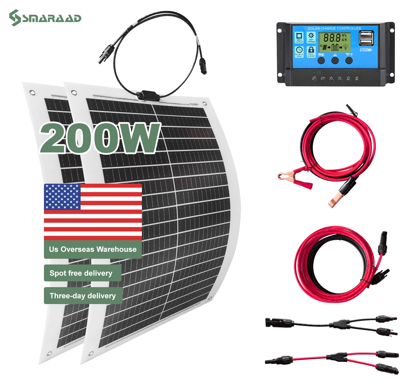 

В наличии гибкая солнечная панель 200 Вт, 100 Вт, 2 шт., контроллер MPPT и набор кабелей для походов, водонепроницаемая моно солнечная панель