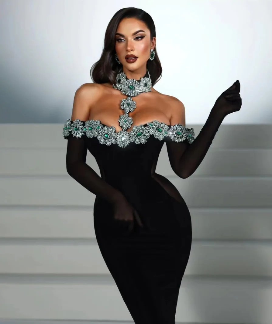 New Arrival Black Sparkly Crystal Women Sexy Off the Shoulder Bodycon Bandage Long Dress Gloves Elegant Evening Party Dress