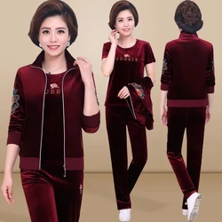 Middle-aged Women Casual Gold Velvet Three-piece Sets Suit Large Size Loose Sportswear Long Coat Tops Mother Clothing Tracksuit